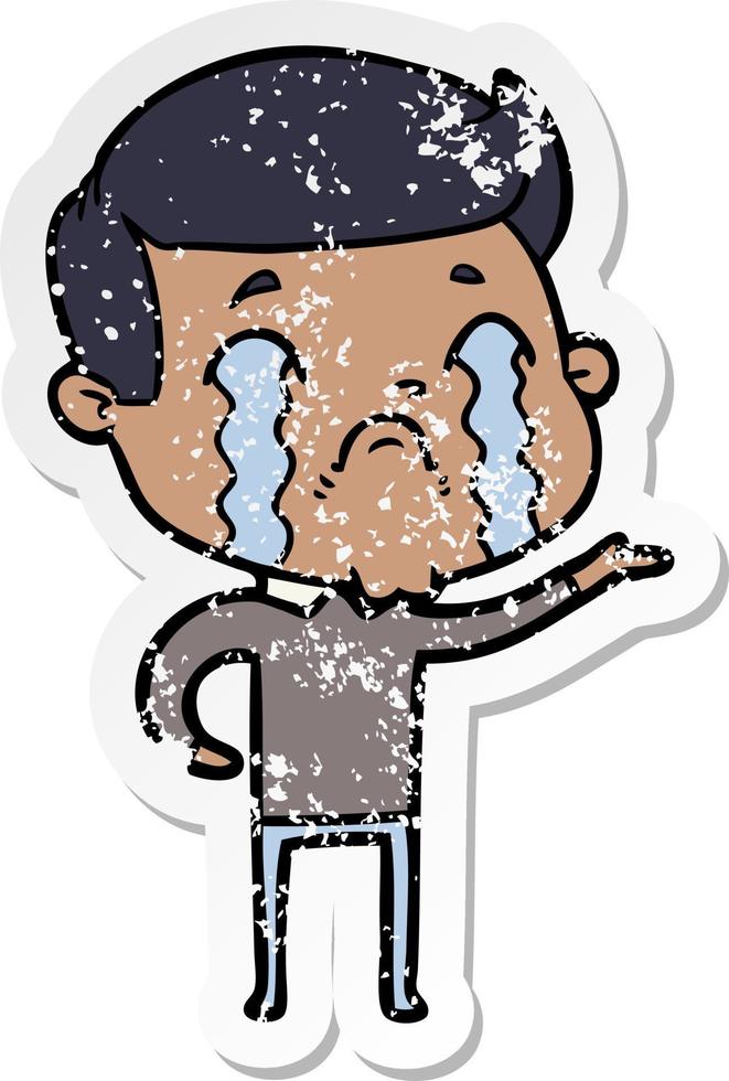 distressed sticker of a cartoon man crying vector