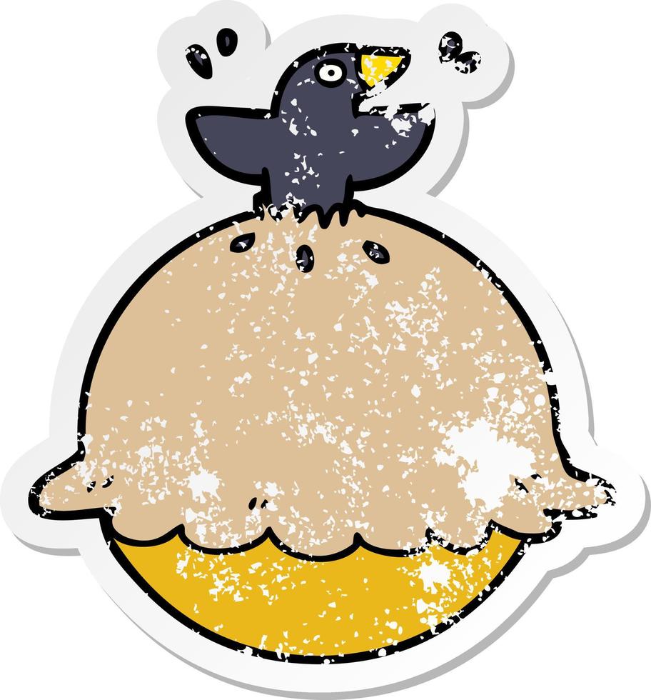 distressed sticker of a cartoon blackbird in a pie vector