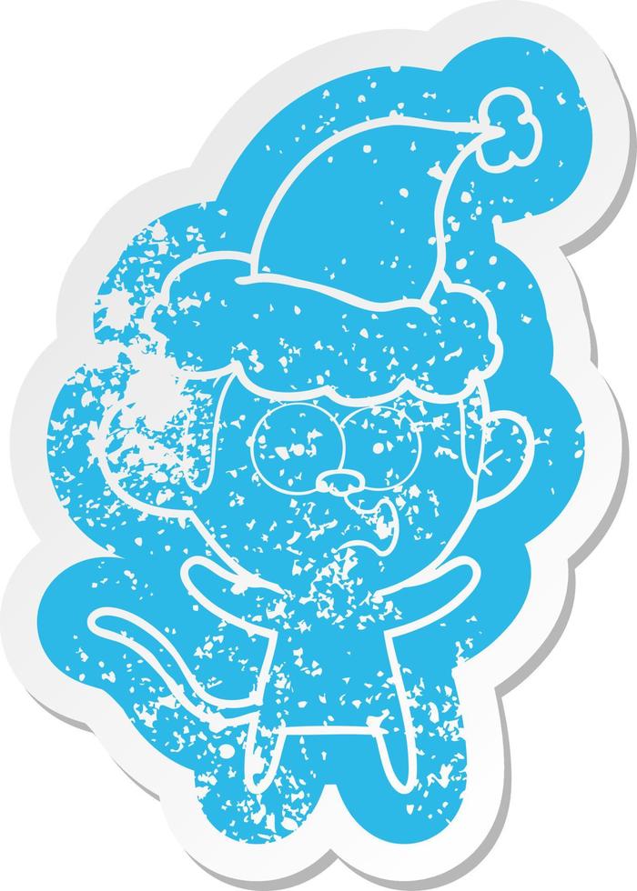 cartoon distressed sticker of a surprised monkey wearing santa hat vector