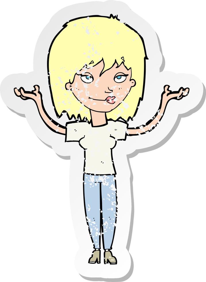 retro distressed sticker of a cartoon woman shrugging vector