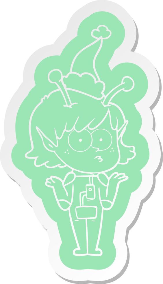 cartoon  sticker of a alien girl wearing santa hat vector
