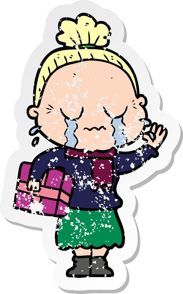 distressed sticker of a cartoon crying old lady vector