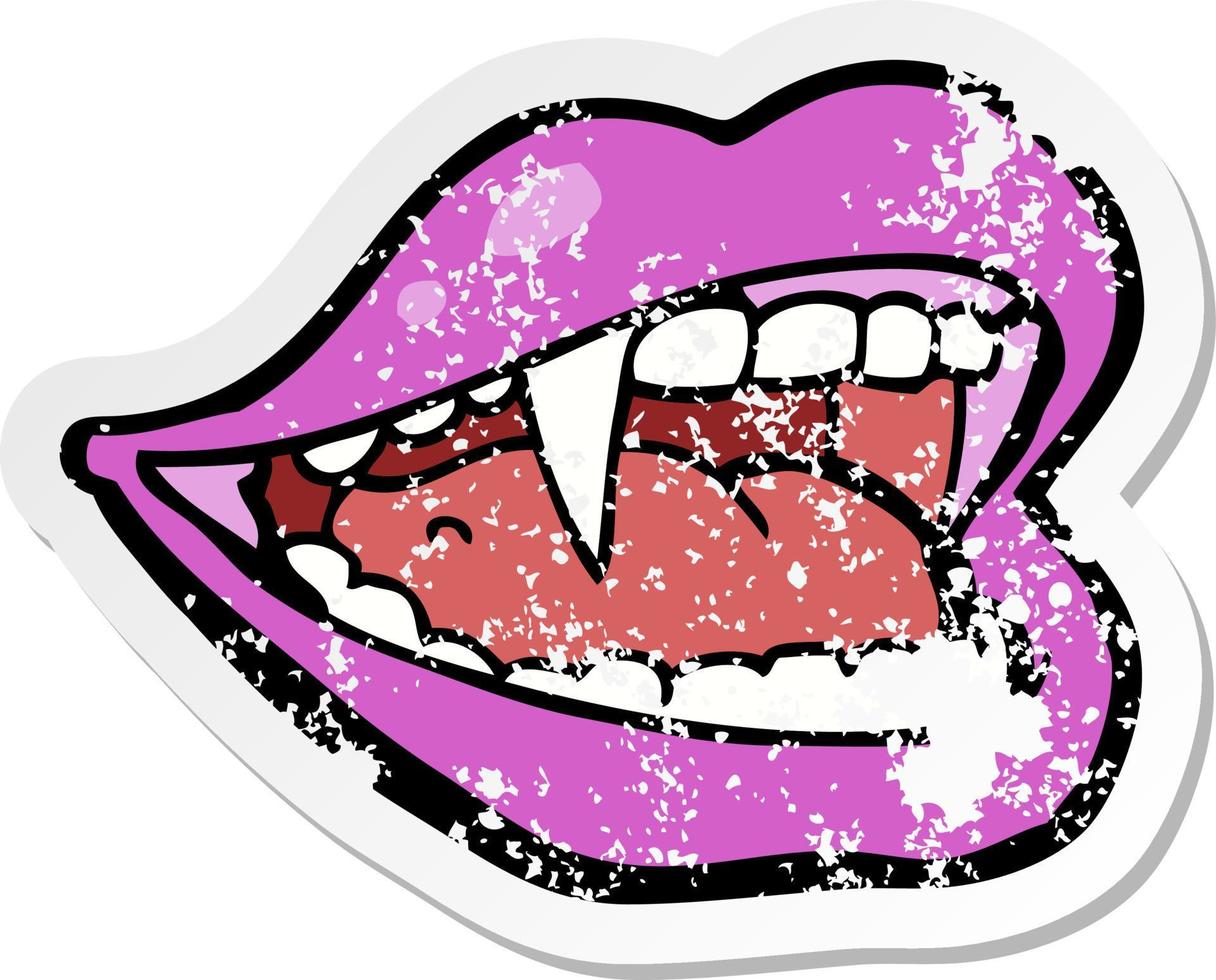 pegatina retro angustiada de una boca de vampiro de dibujos animados vector