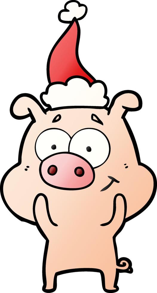 happy gradient cartoon of a pig wearing santa hat vector