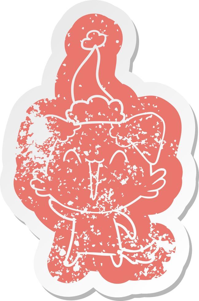 waving little dog cartoon distressed sticker of a wearing santa hat vector