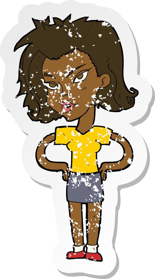 retro distressed sticker of a cartoon woman with hands on hips vector