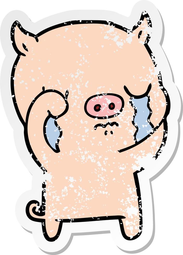 distressed sticker of a cartoon pig crying vector