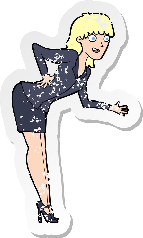 retro distressed sticker of a cartoon businesswoman explaining vector