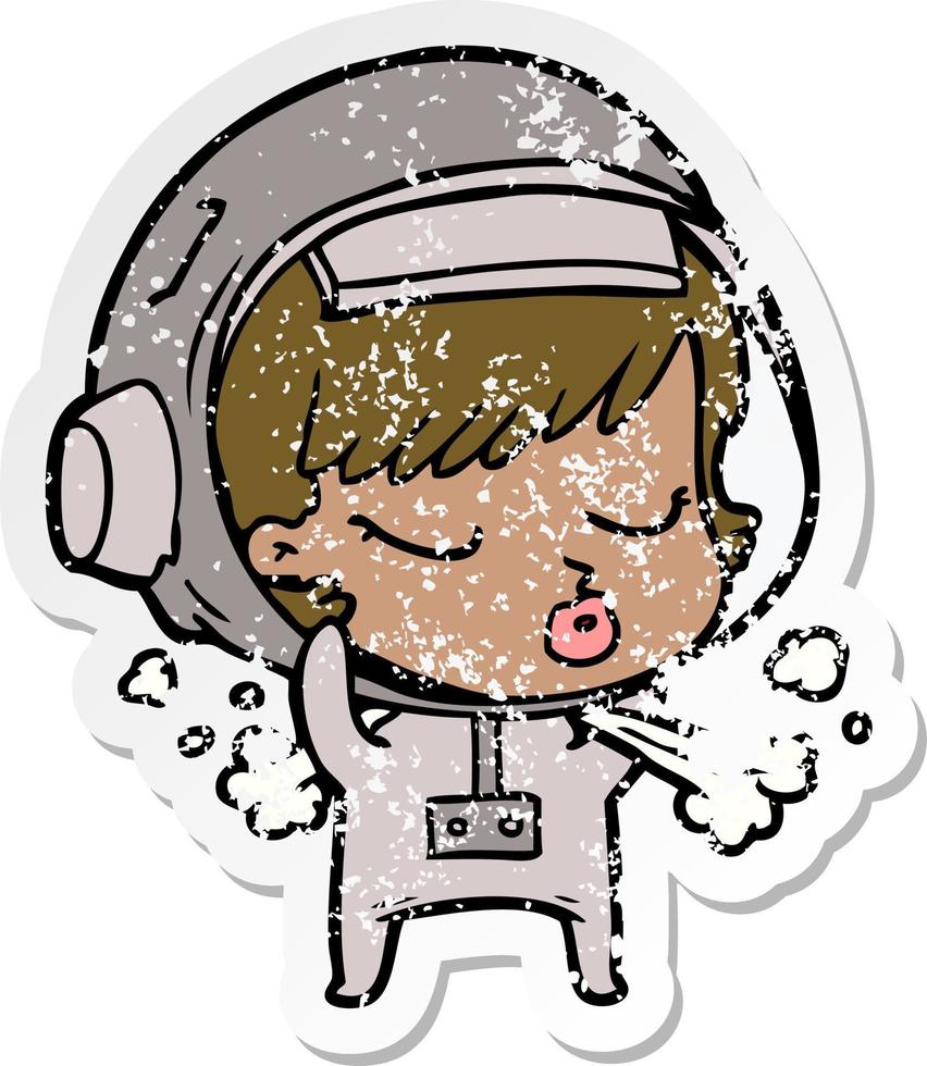 distressed sticker of a cartoon pretty astronaut girl taking off space helmet vector
