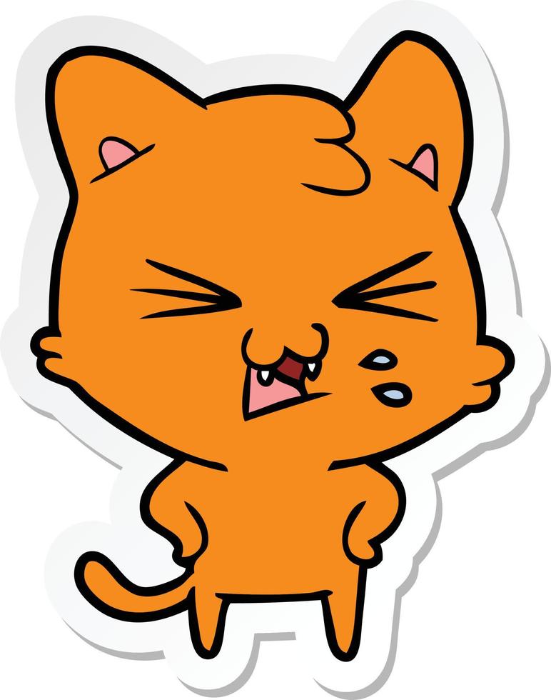 sticker of a cartoon hissing cat vector
