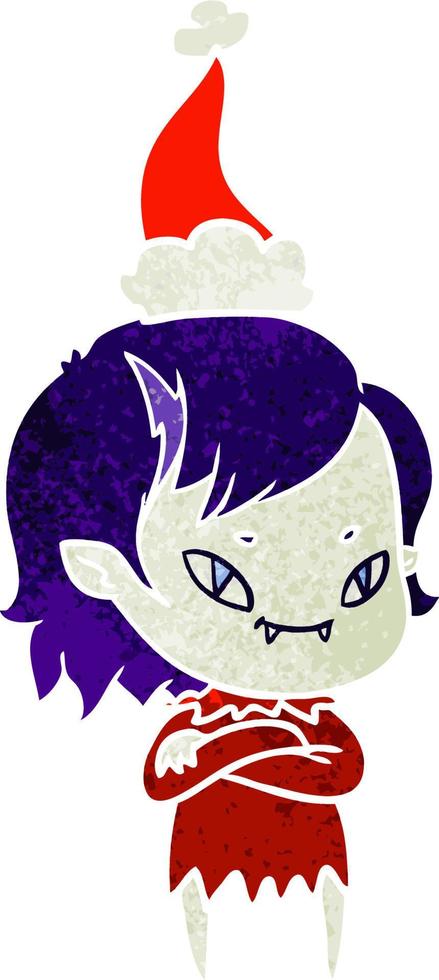retro cartoon of a friendly vampire girl wearing santa hat vector