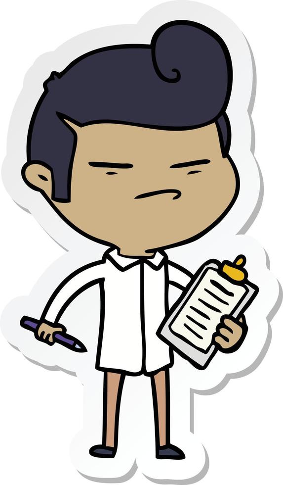 sticker of a cartoon cool guy with fashion hair cut and clip board vector