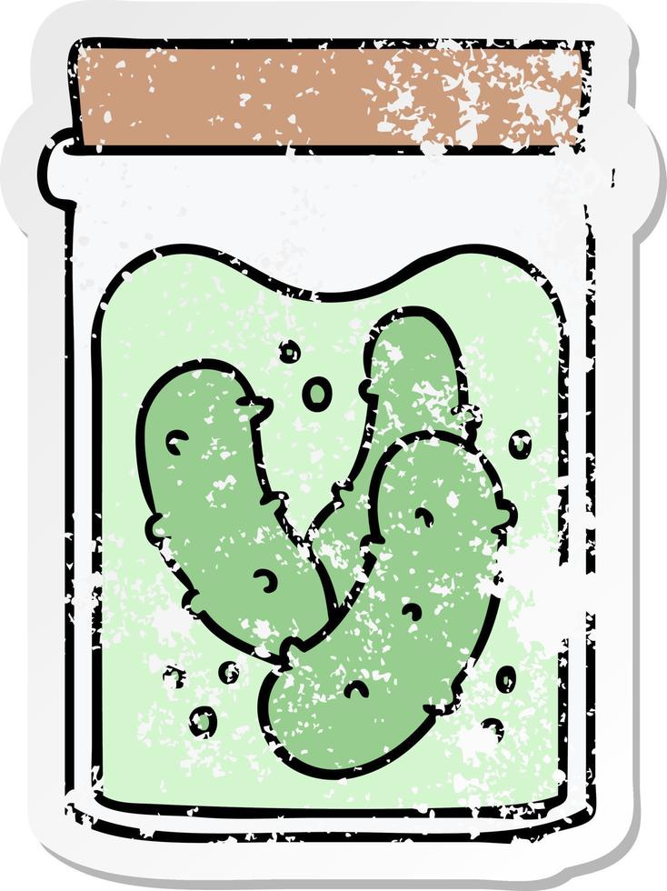 distressed sticker cartoon doodle jar of pickled gherkins vector