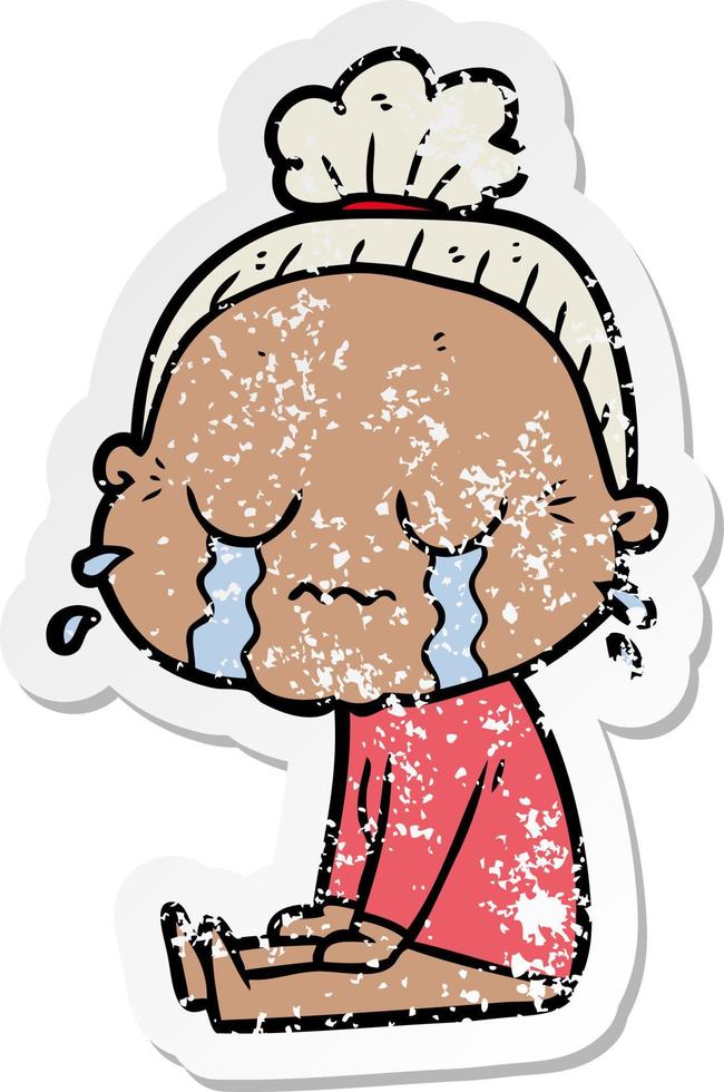 distressed sticker of a cartoon crying old lady vector