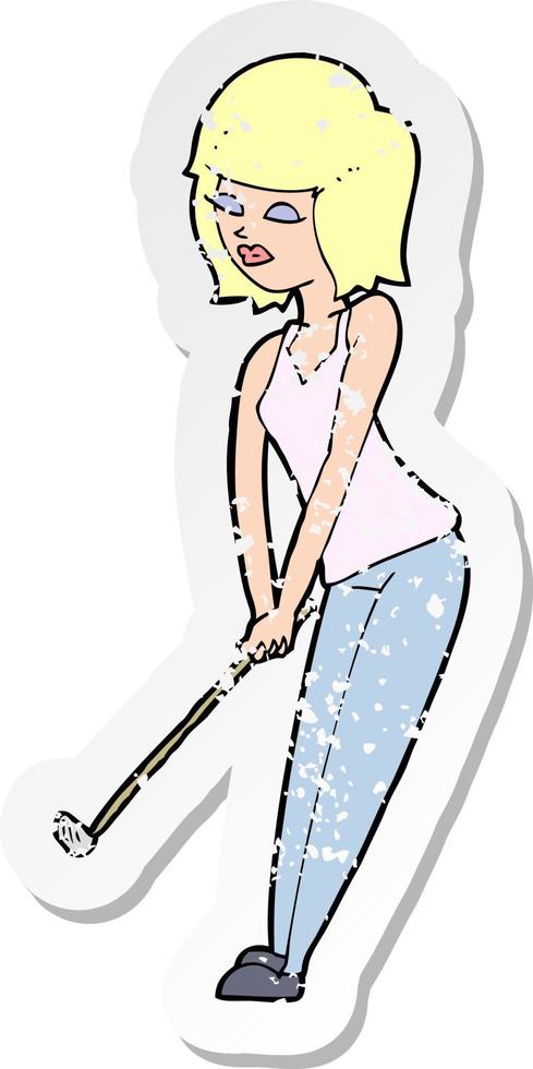 retro distressed sticker of a cartoon woman playing golf vector