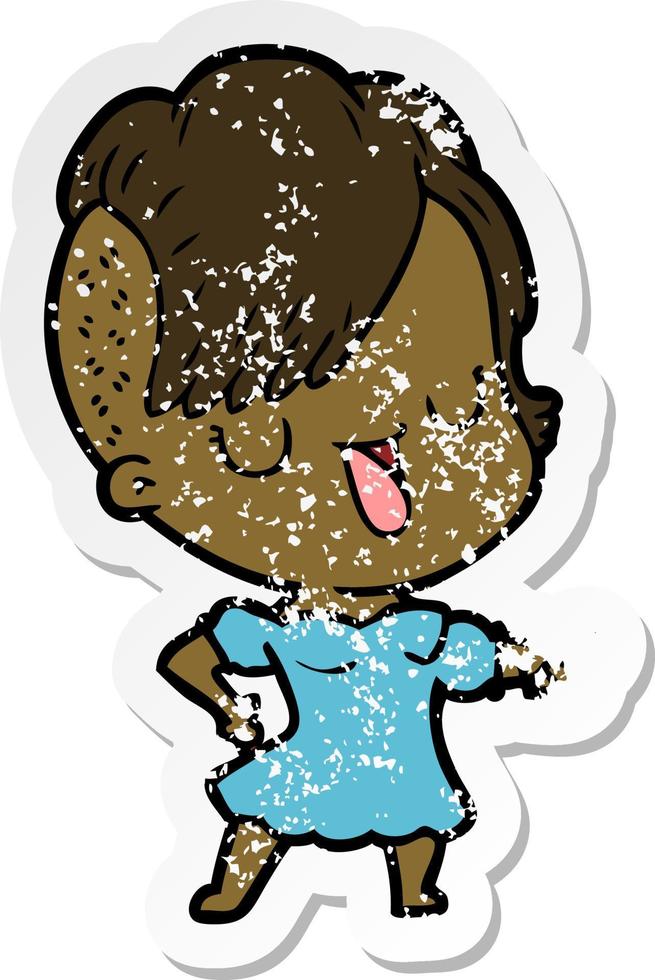 distressed sticker of a cute cartoon girl with hipster haircut vector