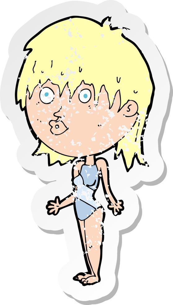 pegatina retro angustiada de una mujer de dibujos animados en traje de baño encogiéndose de hombros vector