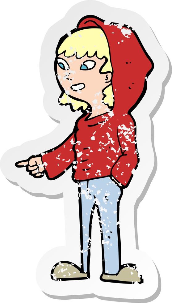 retro distressed sticker of a cartoon pointing teenager vector