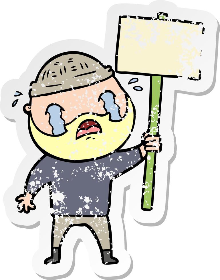 distressed sticker of a cartoon bearded protester crying vector