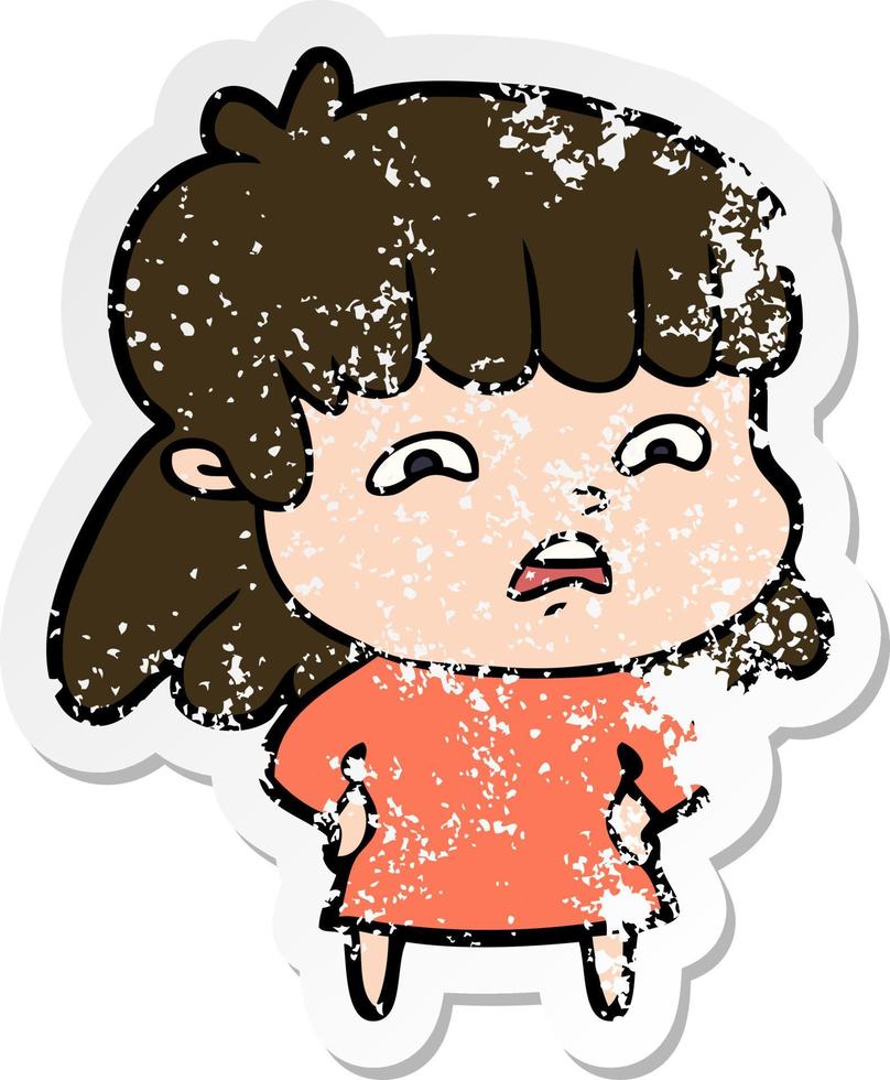distressed sticker of a cartoon worried woman vector