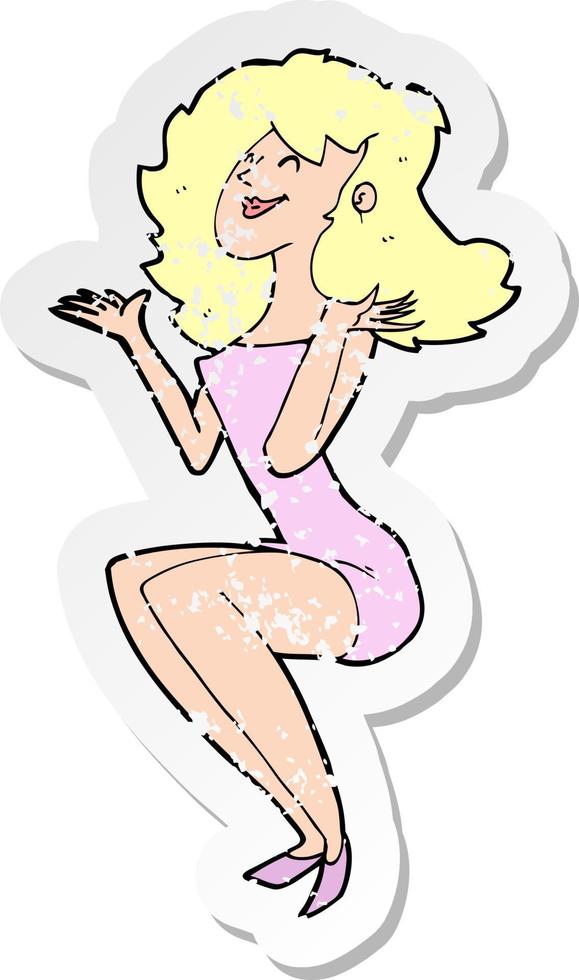 retro distressed sticker of a cartoon attractive woman sitting vector