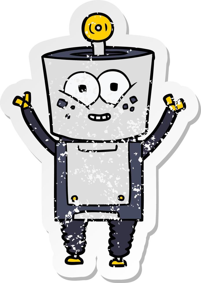 distressed sticker of a happy cartoon robot waving hello vector