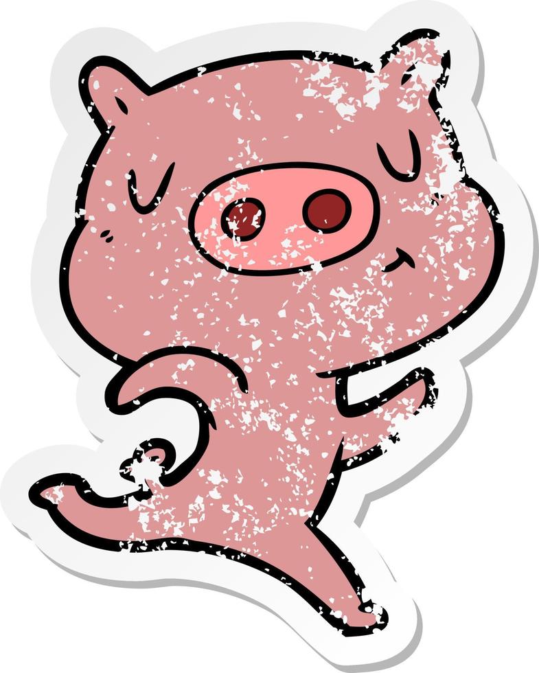 distressed sticker of a cartoon content pig running vector