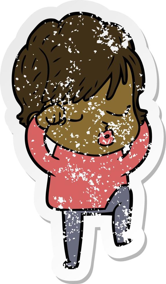 distressed sticker of a cartoon woman with eyes shut vector