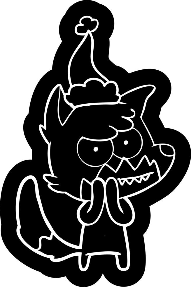 cartoon icon of a grinning fox wearing santa hat vector