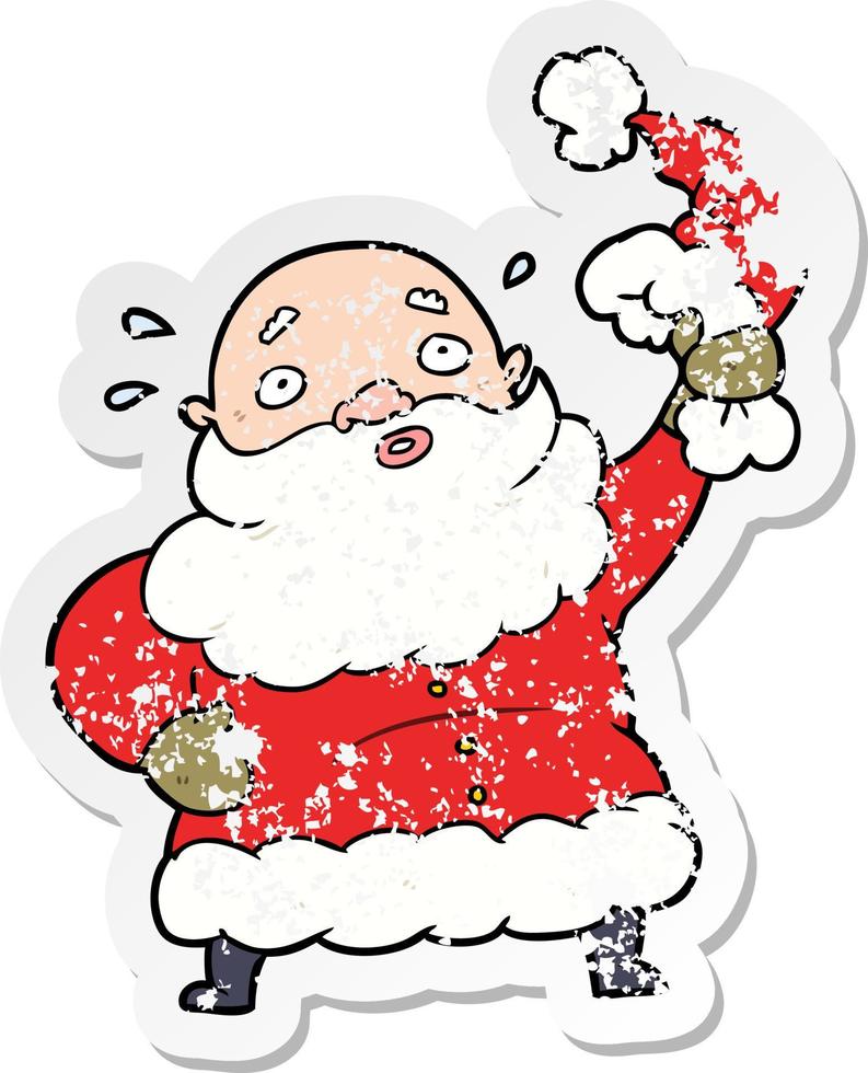 distressed sticker of a cartoon santa claus waving hat vector