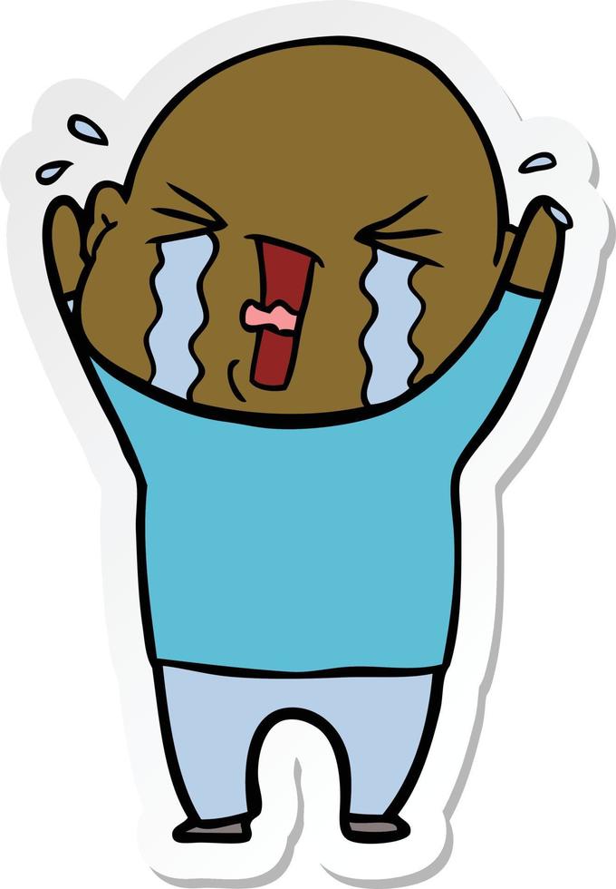 sticker of a cartoon crying bald man vector