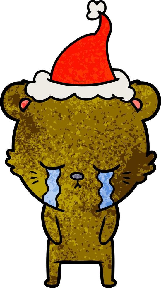 crying textured cartoon of a bear wearing santa hat vector