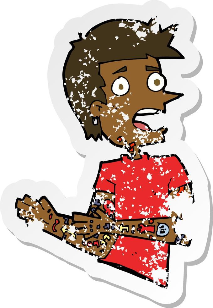 retro distressed sticker of a cartoon man with tattoos vector