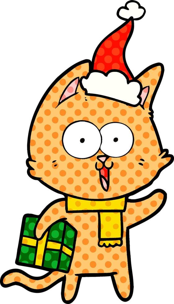 funny comic book style illustration of a cat wearing santa hat vector