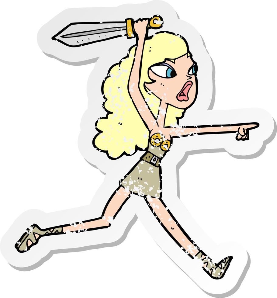 retro distressed sticker of a cartoon viking girl with sword vector