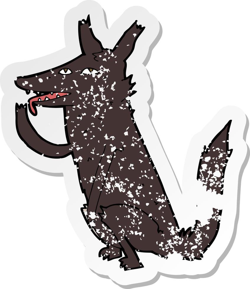 retro distressed sticker of a cartoon wolf licking paw vector