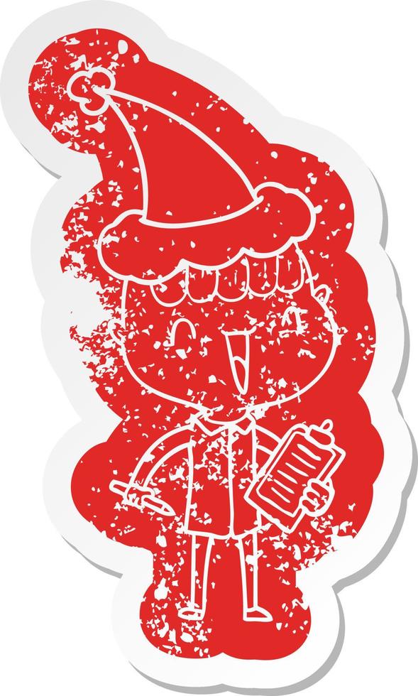 cartoon distressed sticker of a happy boy surprised wearing santa hat vector