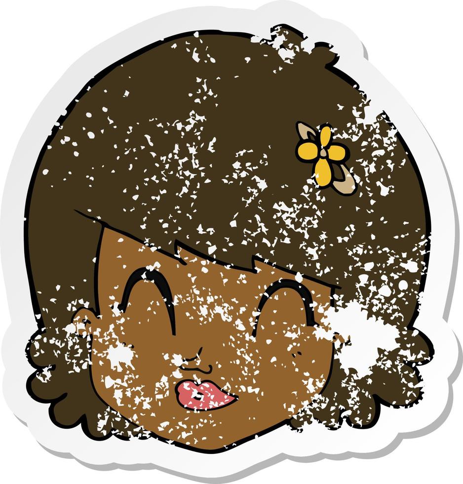 retro distressed sticker of a cartoon happy female face vector