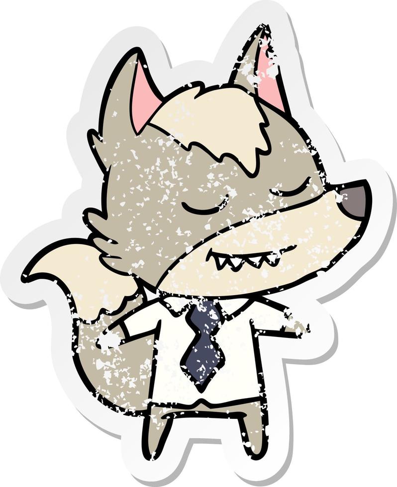 distressed sticker of a friendly cartoon boss wolf vector