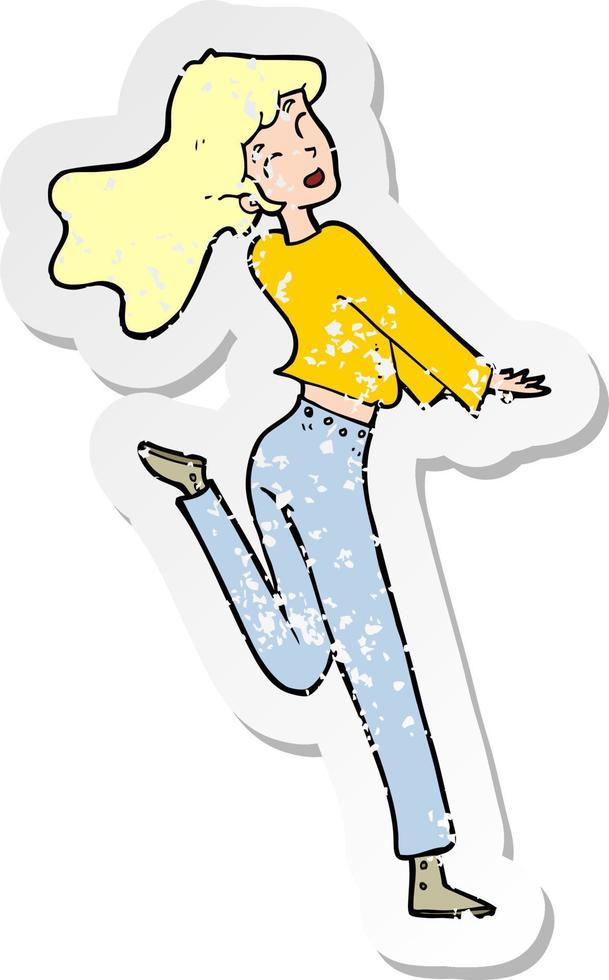 retro distressed sticker of a cartoon happy girl kicking out leg vector