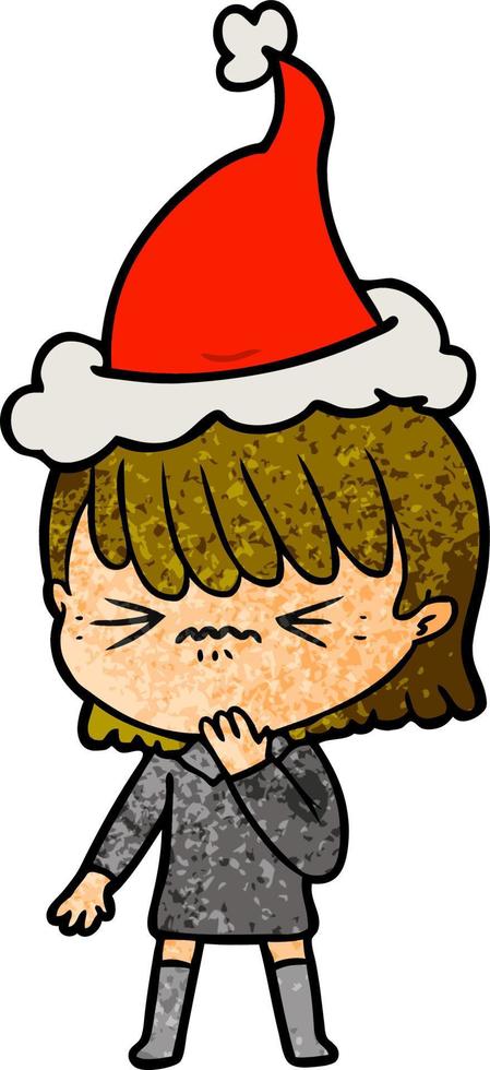 textured cartoon of a girl regretting a mistake wearing santa hat vector