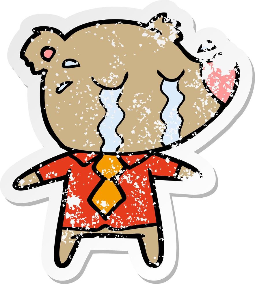 distressed sticker of a cartoon crying bear in shirt vector