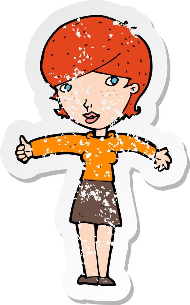 retro distressed sticker of a cartoon woman giving thumbs up symbol vector