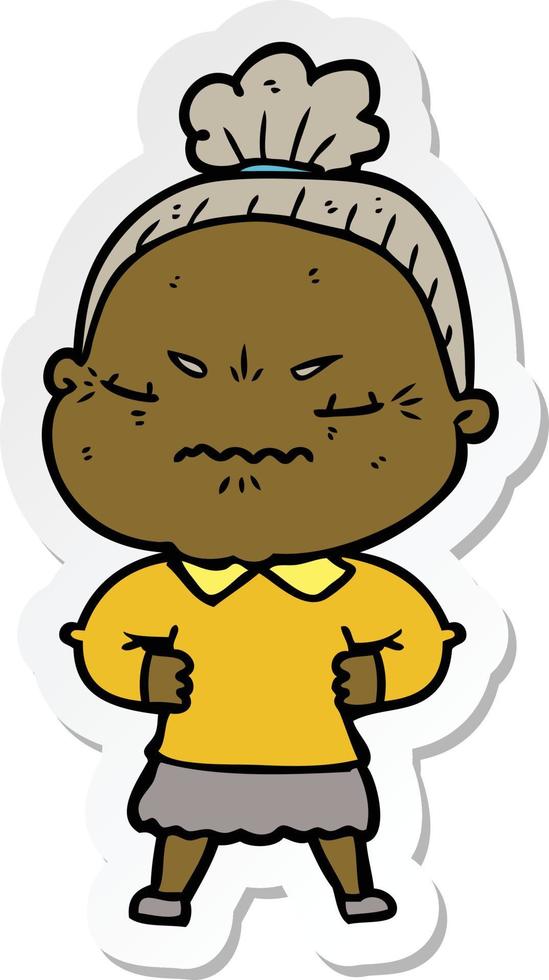 sticker of a cartoon annoyed old lady vector