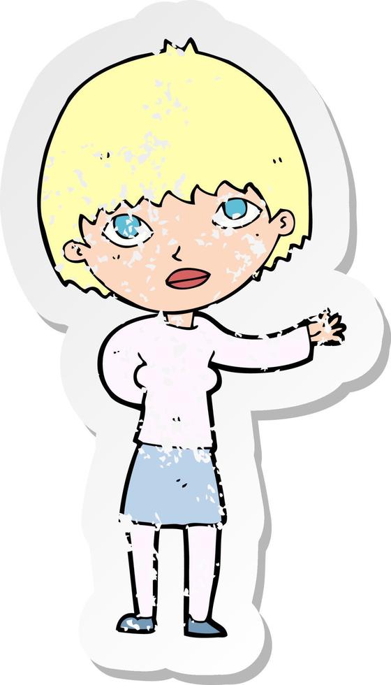 retro distressed sticker of a cartoon woman explaining vector