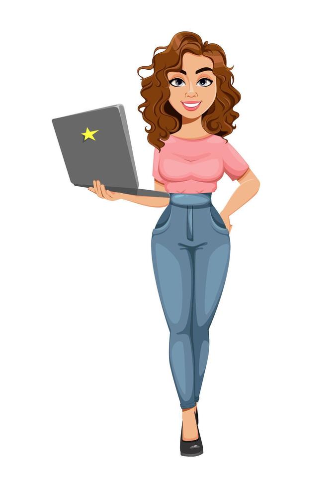 hermoso, mujer de negocios, tenencia, computadora portátil vector