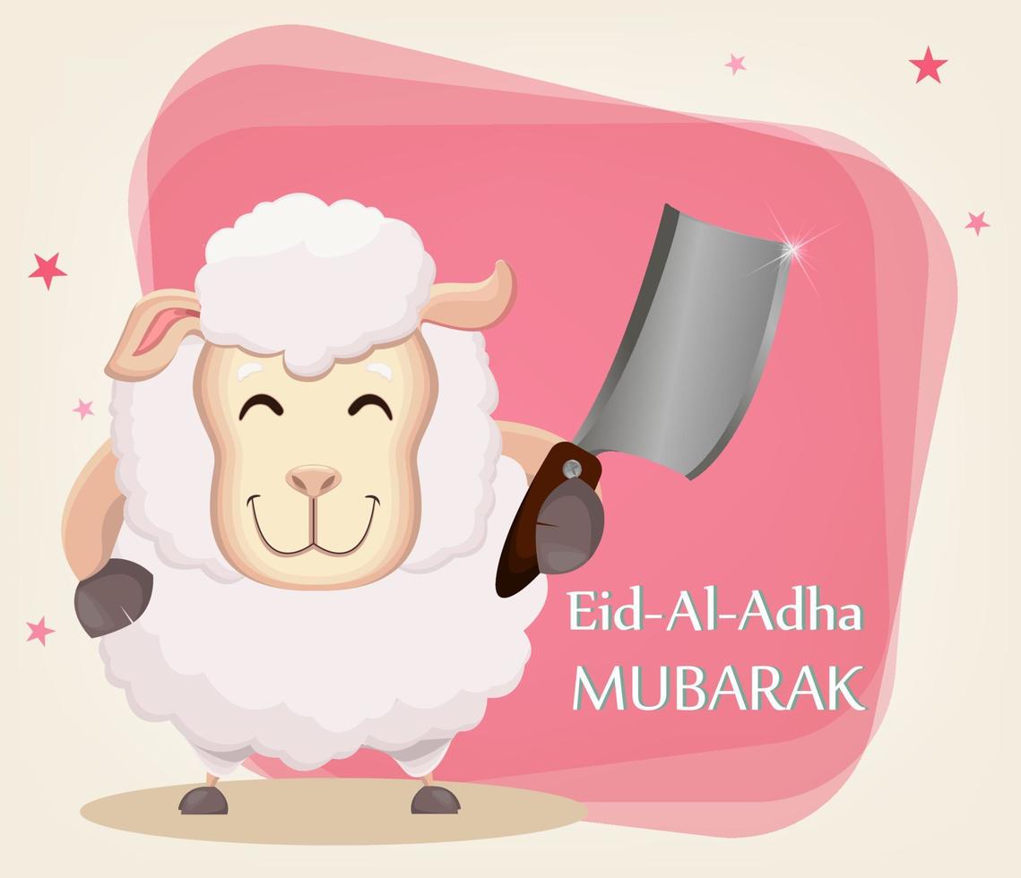 Festival of sacrifice Eid Al Adha. Traditional muslin holiday. Greeting card with funny sheep holding cleaver. vector