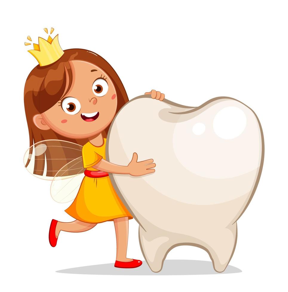 Cute little tooth fairy with crown and big tooth vector