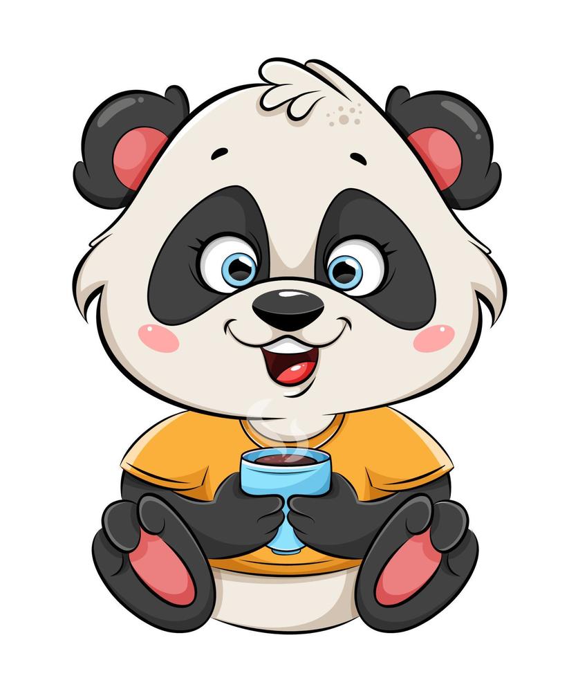 lindo panda bebiendo café caliente vector