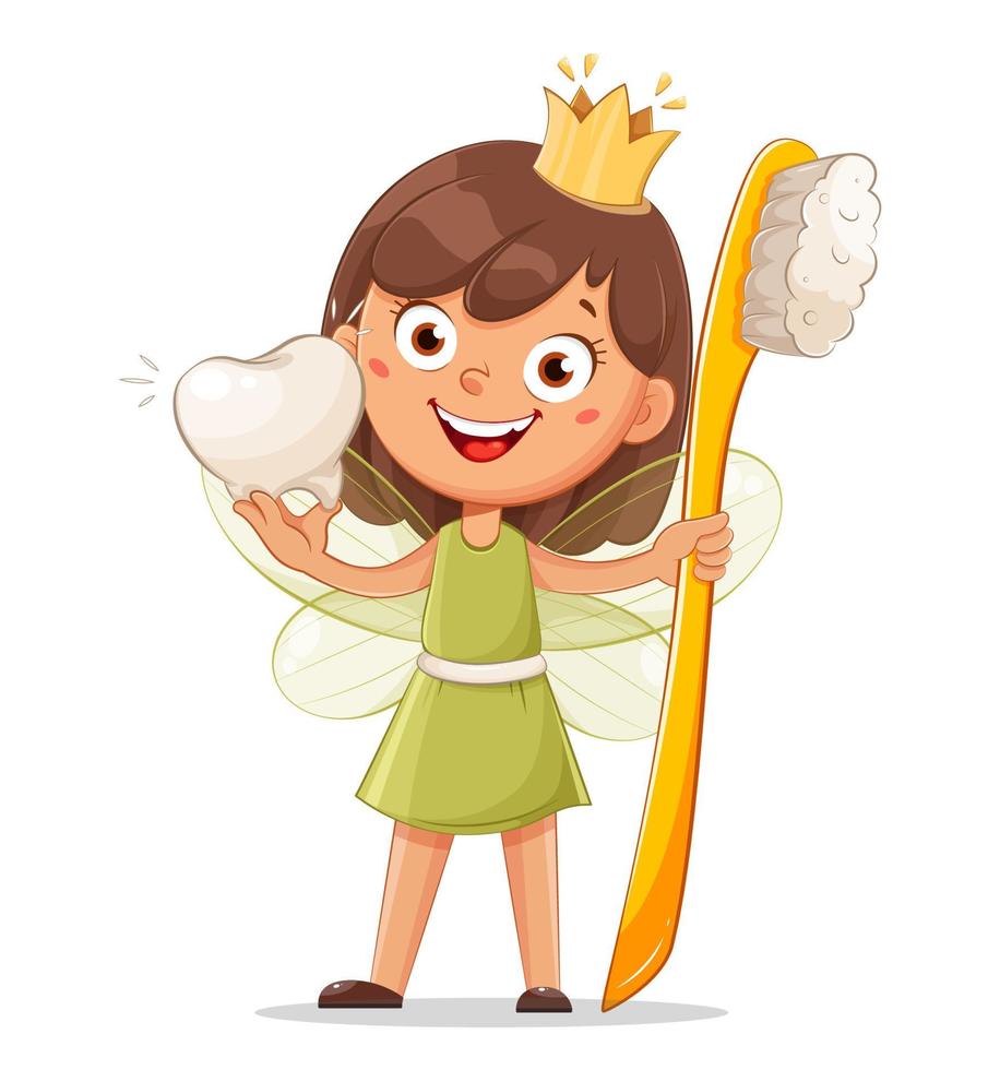 Cute little tooth fairy with crown and toothbrush vector